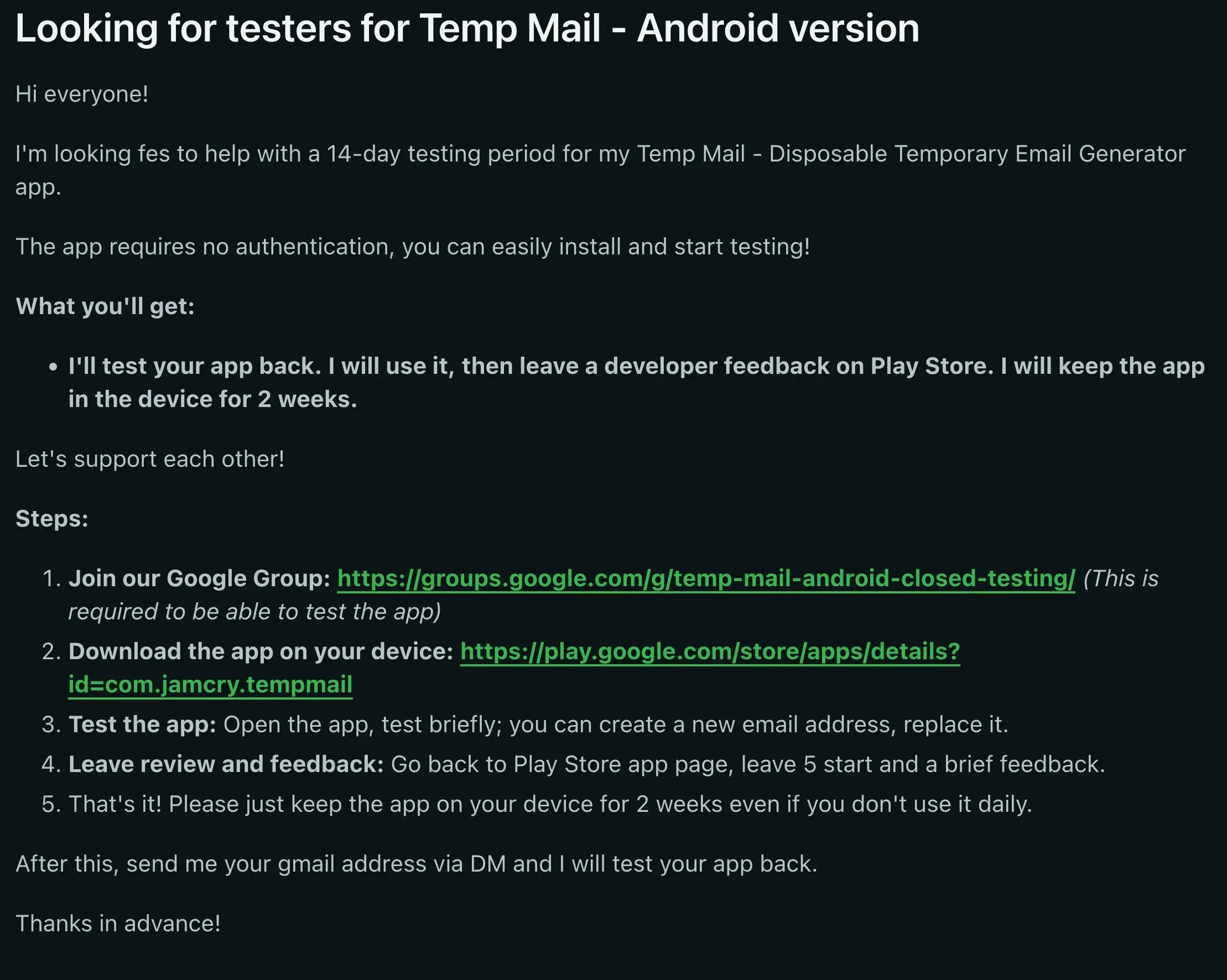 Reddit post template used to recruit Android closed testers on r/AndroidClosedTesting