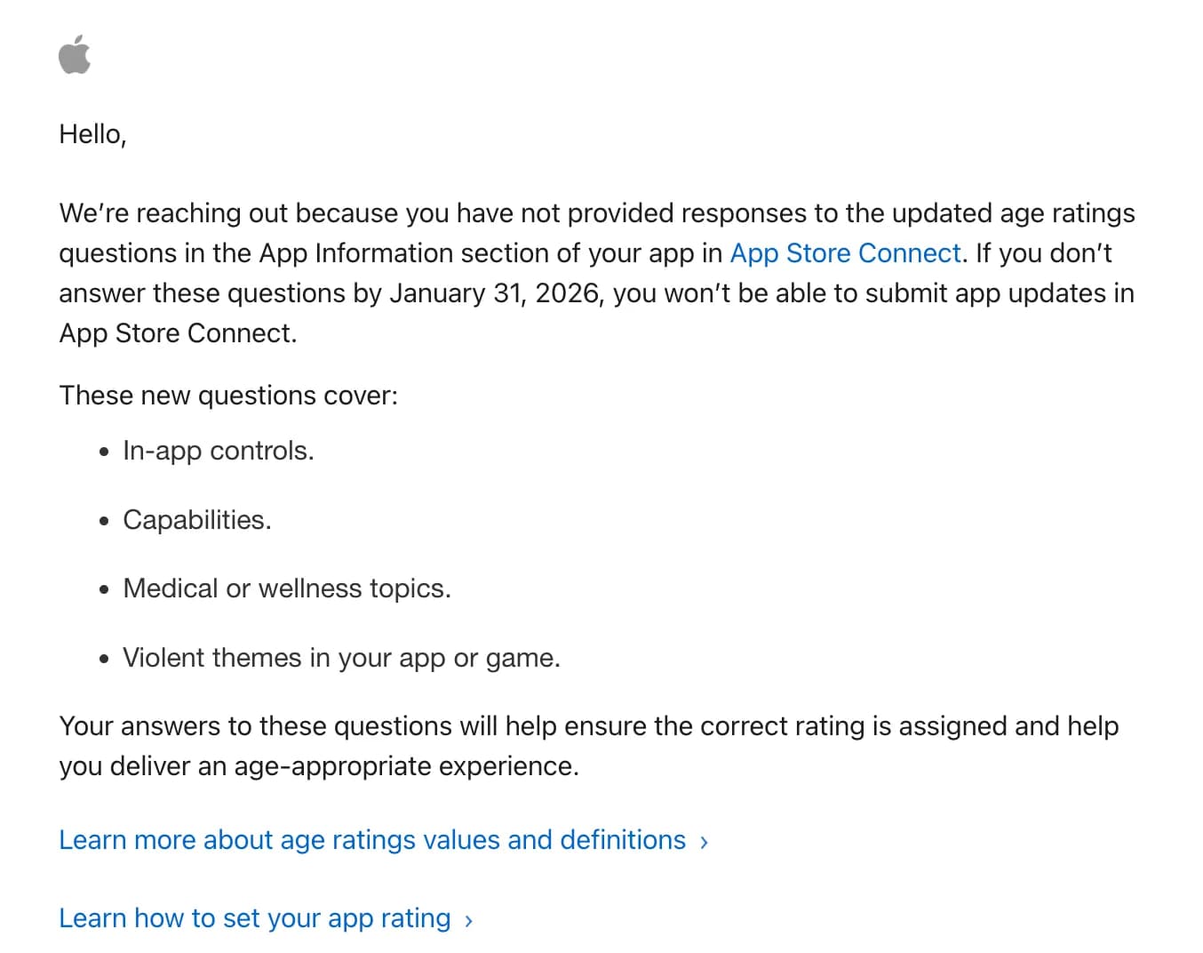 Email from Apple Developer Program: Final reminder: Answer the updated age ratings questions. Email from Apple showing "Final reminder: Answer the updated age ratings questions."