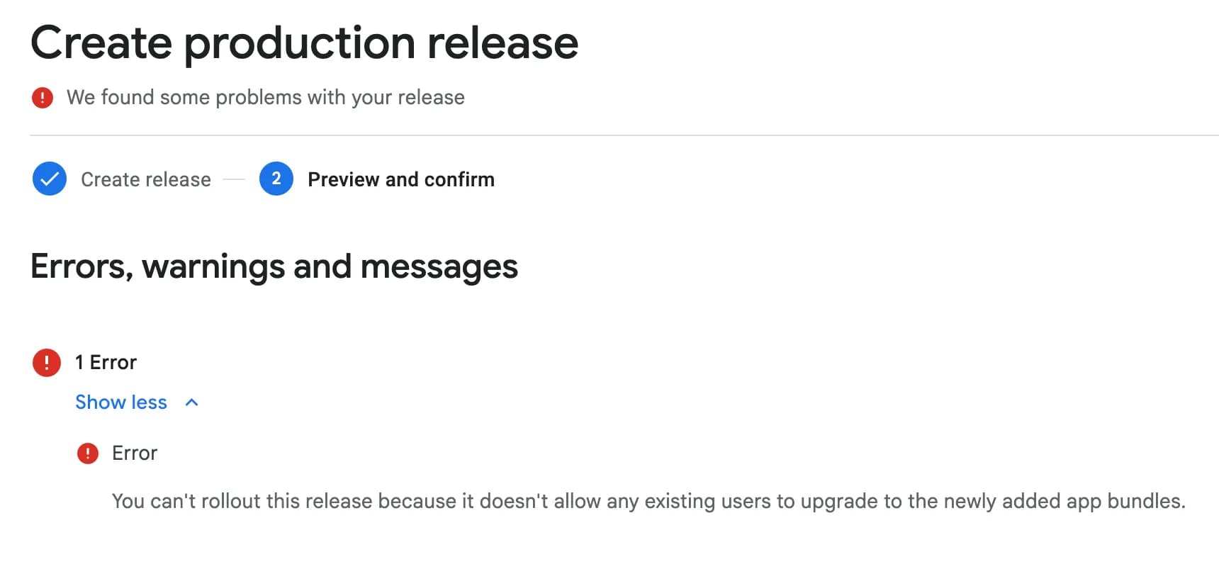 Google Play Console showing "you can't rollout this release because it doesn't allow any existing users to upgrade to the newly added app bundles." error