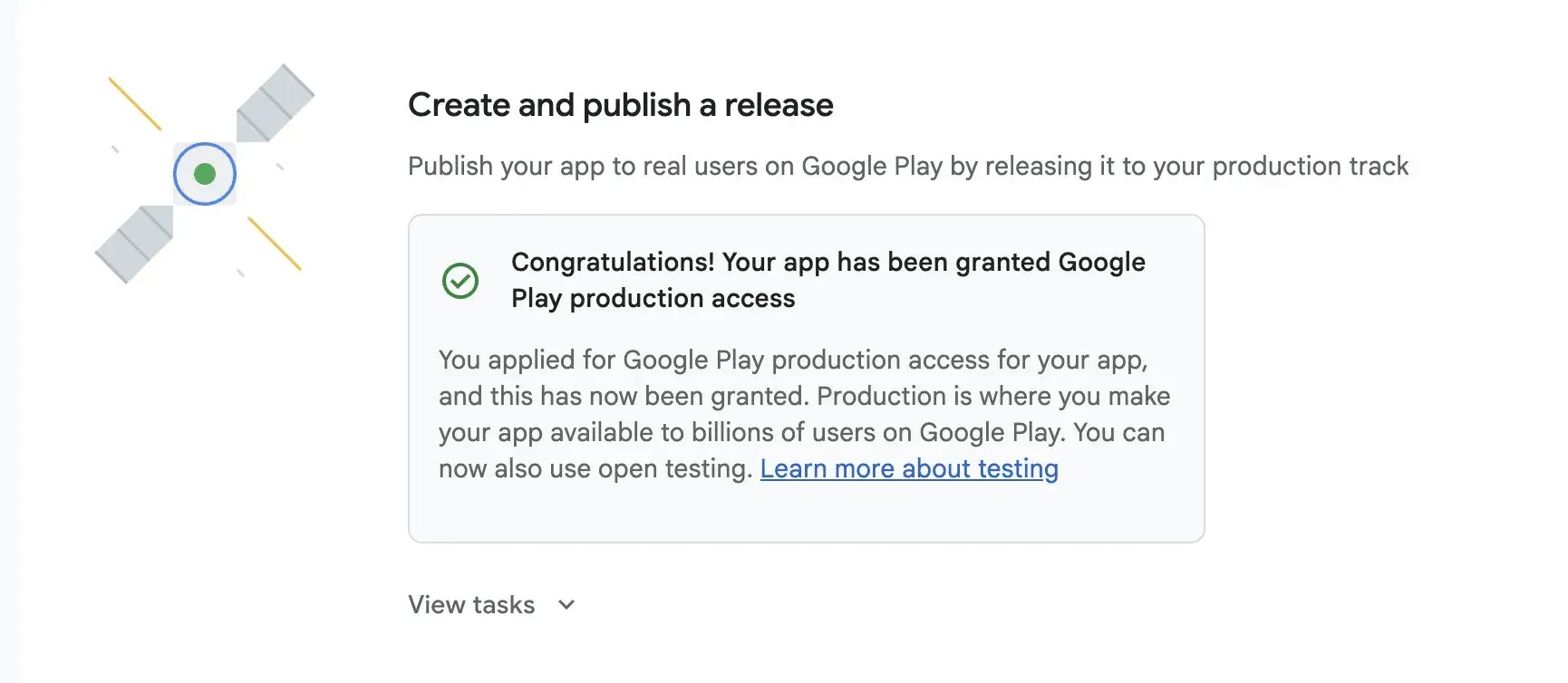 Google Play Console confirming production access granted after 14-day closed testing with 12 testers