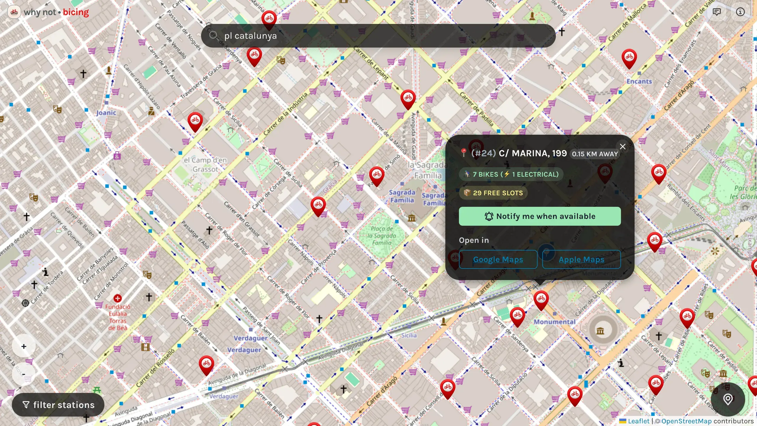 a screenshot of why not bicing app showing how to find bicing stations and bikes in barcelona