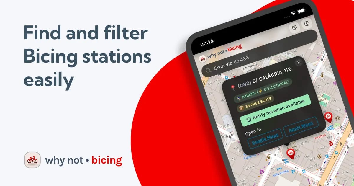 a screenshot of why not bicing app showing how to search and find for bicing stations in barcelona