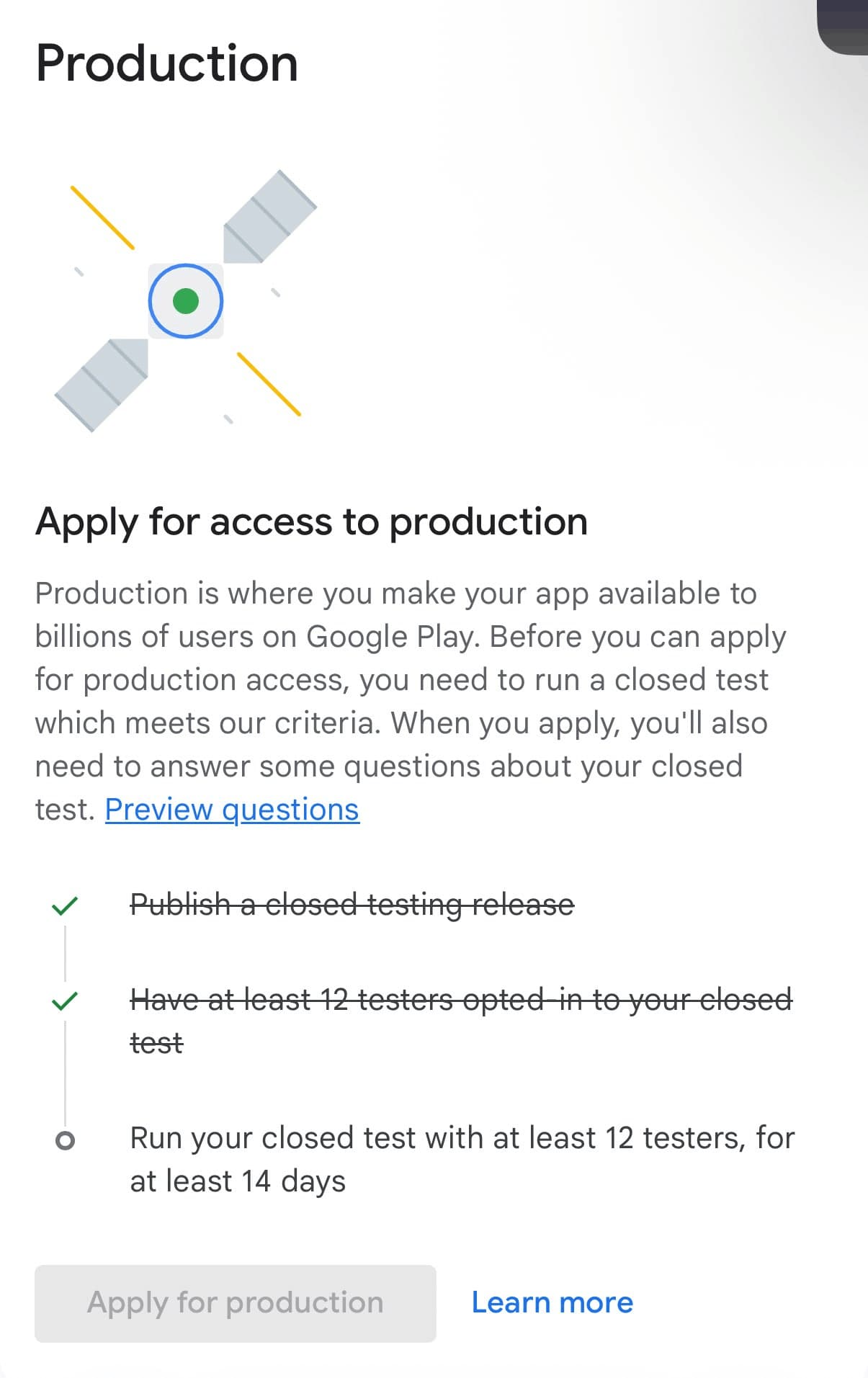 Google Play Console showing the 12 testers for 14 days requirement for new personal developer accounts